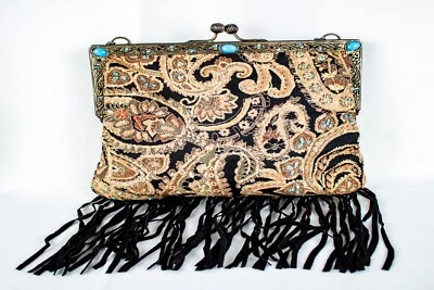 Cartera sin asas negra bordada cachemira turquesa cuentas vintage para mujer con solapa Foto 1 de 4