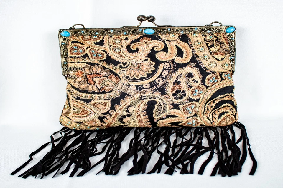 Cartera sin asas negra bordada cachemira turquesa cuentas vintage para mujer con solapa Foto 1 de 4