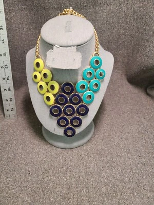 Gold Tone Multicolor Enamel Circles Navy, Aqua, Chartreuse Bib Necklace  22" - Image 1 of 4