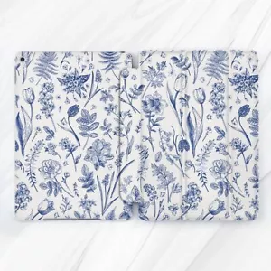 White Blue Botanical Flowers Case For iPad 10.2 Air 3 4 5 Pro 9.7 11 12.9 Mini - Picture 1 of 6