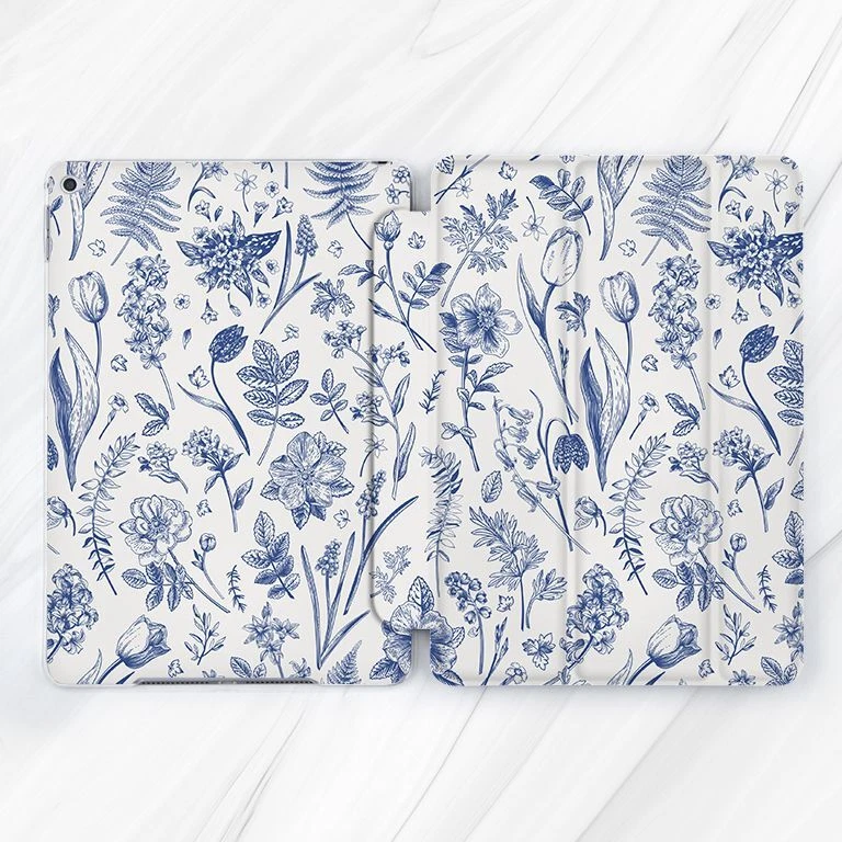 White Blue Botanical Flowers Case For iPad 10.2 Air 3 4 5 Pro 9.7 11 12.9 Mini - Image 1 of 4