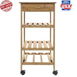 Mobile Kitchen Cart W/ Drawer Storage Shelves Wine Rack Adjustable Caster Bamboo - Picture 1 of 7