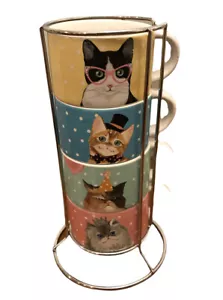 Pier 1 Set Of 4 Stackable "Party Cats" Mugs In Chrome Rack Polka Dot - Picture 1 of 5