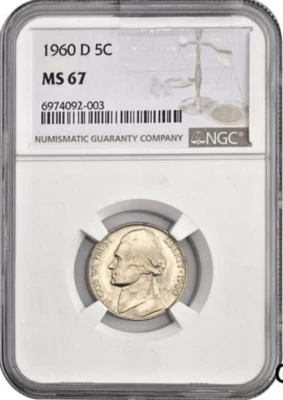 1960-D Jefferson Nickel 5C NGC MS67.  LOW SHIPPING!!  Very Rare! - Image 1 of 4