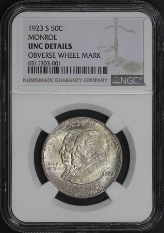 1923-S Monroe 50C Silver Commemorative NGC UNC Details Obverse Wheel Mark Cover