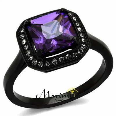 Princess Cut Amethyst Cz Black Stainless Steel Fashion Ring Women's Size 5-10 - Image 1 of 4