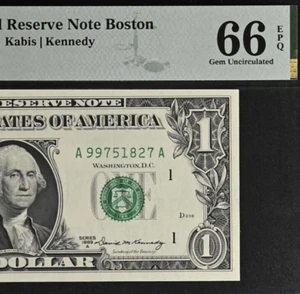 1969A $1 Federal Reserve Note - PMG 66EPQ - Boston - Kabis-Kennedy - Fr 1904-A - Picture 1 of 3