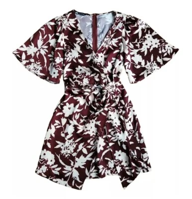 Mini Vestido Zara Estampado Floral Anudado Talla S Estampado Floral Marrón Sedoso Marfil Foto 1 de 4