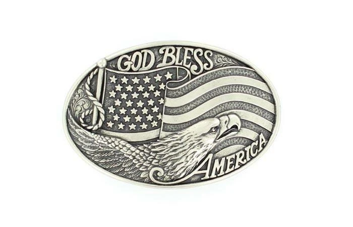 Nocona Oval God Bless America Silver Belt Buckle 37016