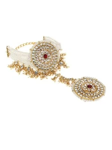 Indian Bollywood Gold Tone Kundan & Multistrand Pearls Bridal Ring Bracelet Red - Picture 1 of 6
