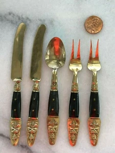 Vintage Samram Thailand Siam Small Brass Teak Handle Fork Knife Spoon Lot 5 WOW - Picture 1 of 2