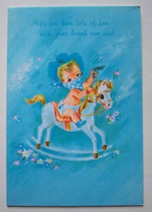 Boy bandit riding rocking horse baby unsigned  vintage greeting card **VV11 - Picture 1 of 3