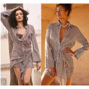 Free People Rillo Dress Sz Small Brown White Button Up Tie Front Shirt Dress NEW - Picture 1 of 8