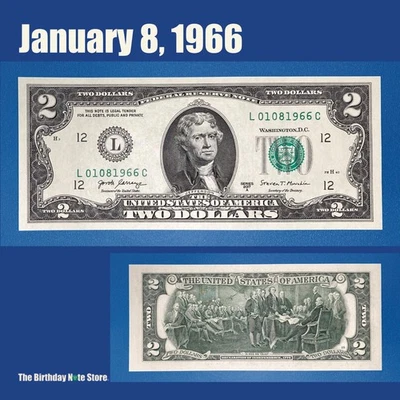 January 8, 1966 Birthday Anniversary $2 Two Dollar Bill Serial Number 01081966 - Image 1 of 2