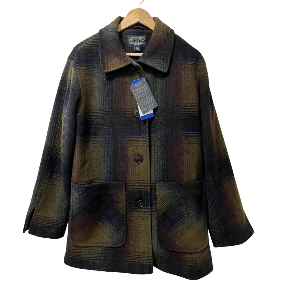 Pendleton Womens Wool Blend Plaid Topper Coat Size L Navy Heavyweight Winter NWT - Image 1 of 4