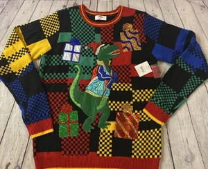 Holiday Time Adult Med (38-40) Ugly Christmas Sweater Dinosaur T-Rex Present NEW - Picture 1 of 18