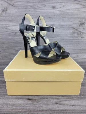 Michael Kors Oksana Heels Black Leather Size 8 M Used In Box - Image 1 of 4