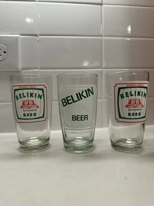 VTG Belikin Mayan Temple Beer Glasses Red Green Logo Half Pint Set Of 3 - Picture 1 of 2