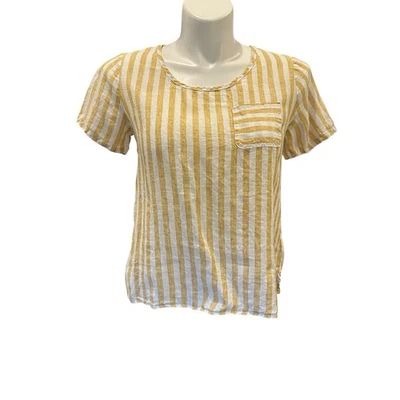 Camisa Top Christian Siriano Mujer Pequeña Beige Rayas 100% Lino Manga Corta Foto 1 de 4