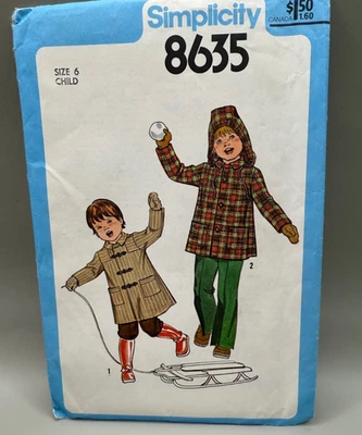 Vtg SIMPLICITY 8635 Girls / Boys Coat Jacket Detachable Hood Pattern UNCUT sz 6 - Image 1 of 4