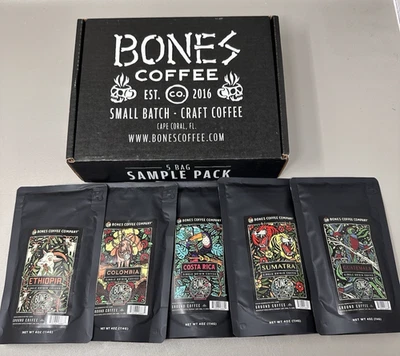 Bones Coffee Company Origen Único Pequeño Lote Artesanal 5 Bolsas Paquete de Muestra 4 Onzas Foto 1 de 4