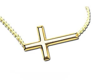 925 Sterling Silver Sideways Cross Necklace Adjustable Chain Yellow Gold Plated - Picture 1 of 6
