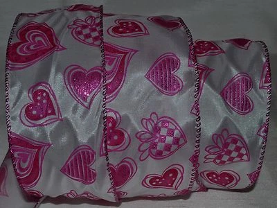 Cinta con cable ~ Corazón rosa brillante ~ Blanco ~ Jazz San Valentín ~ 2.5" ~ Ondulado ~ Corona ~ Artesanía ~ Arco Foto 1 de 2