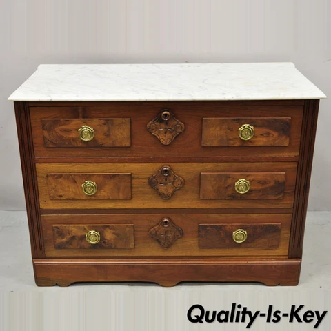 Eastlake Victorian White Marble Top Burl Walnut 3 Drawer Commode Dresser Chest Cover