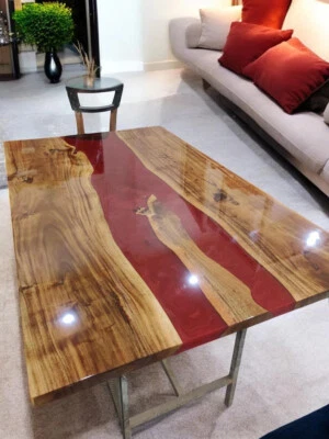 Red Epoxy Resin Table Top Natural Acacia Wooden Live Edge Console Bar Desk Decor - Image 1 of 4