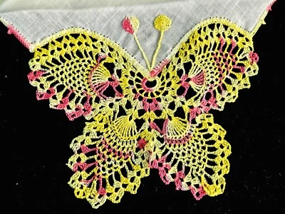 Vintage Irish Linen Crochet Lace Butterfly Handkerchief Pink Yellow  - Image 1 of 4
