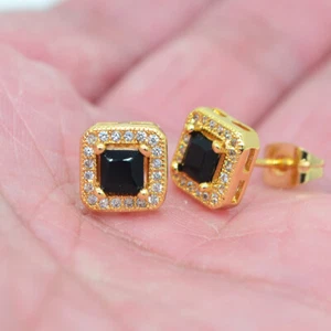 18K Yellow Gold Filled Women Black Topaz Cushion Stud Earrings Jewelry - Picture 1 of 4