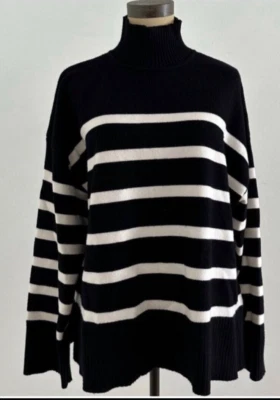 Suéter Zara Para Mujer Talla L Peso Pesado Negro/Blanco Rayas Cuello Simulado 24"x25" Foto 1 de 4