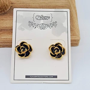7 Charming Sisters "Mary Jane" Rose Floral Stud Earrings, Gold & Black Enamel - Picture 1 of 9