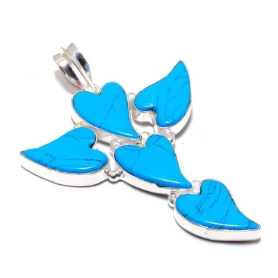 Colgante Corazón Cruz Santa Rosa Turquesa Piedras Preciosas Plata de Ley 925 2.8" U680 Foto 1 de 4