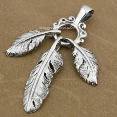 Three Feathers 925 Sterling Silver Pendant Punk Jewelry 9E014A Steel Chain 24" - Image 1 of 4