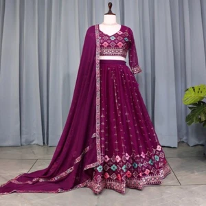 Attractive Look Heavy Georgette Lehenga Choli With Wine Dupatta For Wedding Wear - Picture 1 of 13