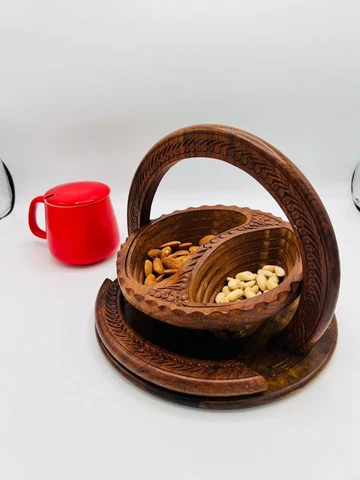 Unique Collapsible Wooden FRUIT BASKET with Handle, Folding Basket Serving Tray Cover