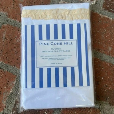 Pine Cone Hill Ruched Standard Pillow Case Set Combed Cotton NIP White/Champagne - Image 1 of 4