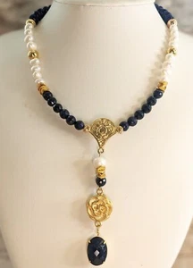 6.5 Ct Natural Blue Sapphires & Freshwater Pearls In Rosary-like Necklace - Picture 1 of 9