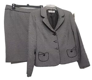 Tahari ASL Size 12P Skirt Suit 2 PC Set Executive Black White Button Career
