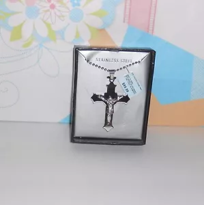 Stainless Steel Large Men's Crucifix Cross Pendant & Chain NWT - Picture 1 of 2