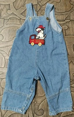 Vintage Cachcach Boys Size 12 Months Overalls Fuzzy Fire Truck Dalmation Dog   - Image 1 of 4
