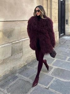 Women'S Elegant Wine Red Faux Fur Coat Fashion Lapel Long Sleeve Fluffy Plush Wa - Picture 1 of 14