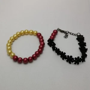 Handmade Women Bracelets Gift Set – Pearl Beaded Elastic Red & Black Lace Choker - Picture 1 of 10