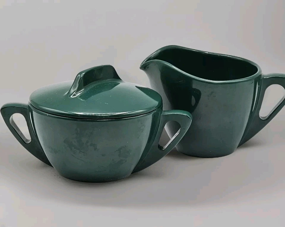 Prolon Ware Melamine Creamer & Sugar Plastic Forest Green Mid Century Vintage - Image 1 of 4