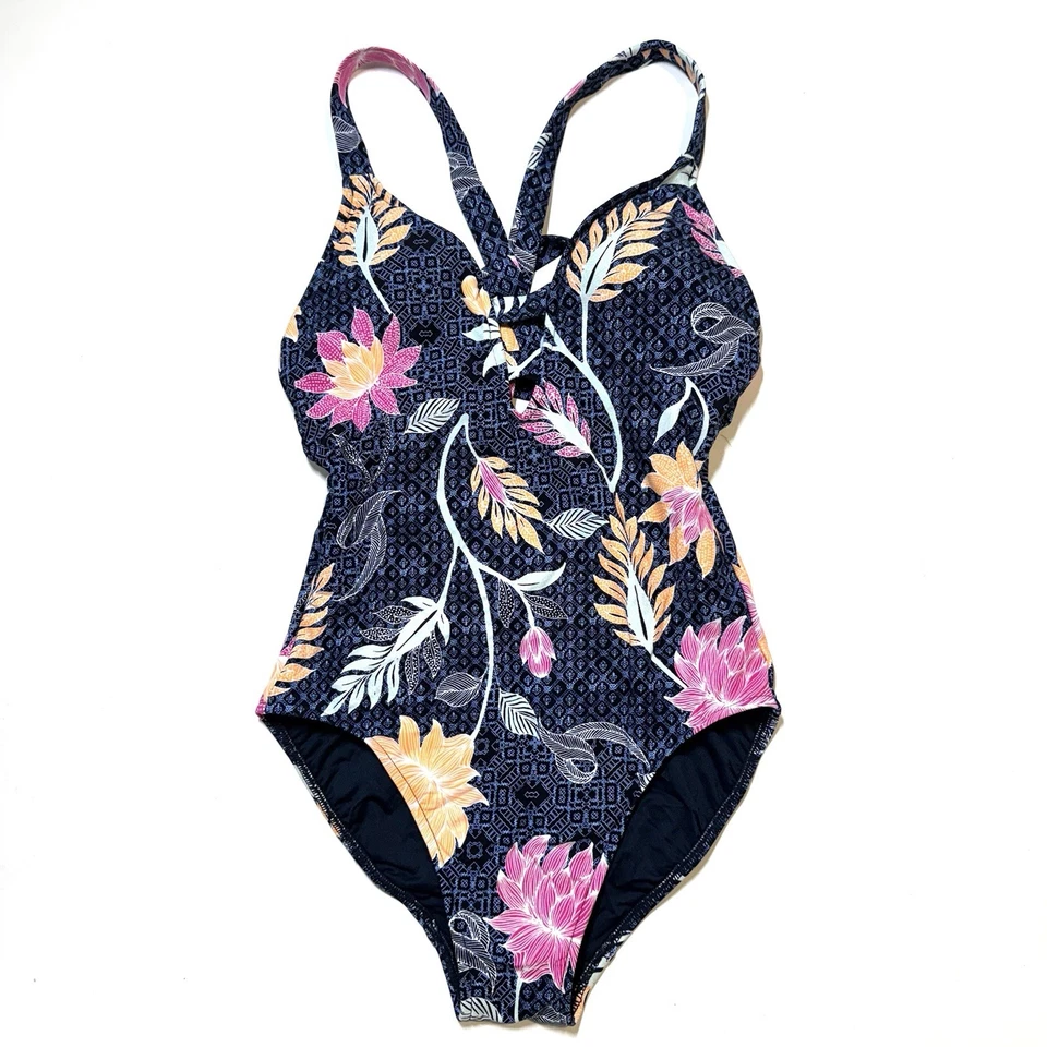 Traje de baño Seafolly Deep-V de una pieza azul y rosa loto floral antro para mujer 8” Foto 1 de 4