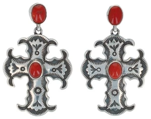 Natural Mediterranean Coral Cross Earrings By Navajo Artist Happy Piasso - Picture 1 of 2