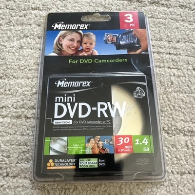 NEW 3 Pack Memorex Mini DVD-RW  30 Min 1.4GB DVD Camcorder or PC - Image 1 of 2