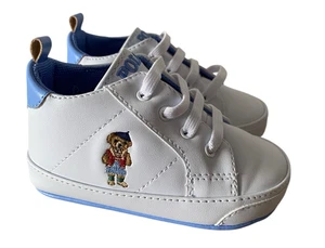 Polo Ralph Lauren Baby Shoes Size 4 Layette Quilton Bear Sneakers White Blue - Picture 1 of 6