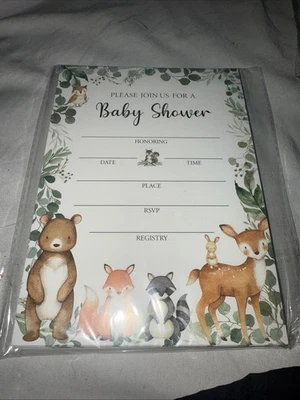  Invitaciones y tarjetas de agradecimiento Woodland Baby Shower ciervo mapache zorro animales Foto 1 de 4